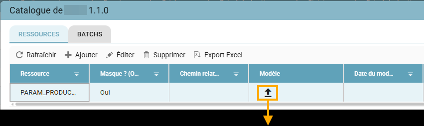 List of catalog resources, with the template upload icon highlighted