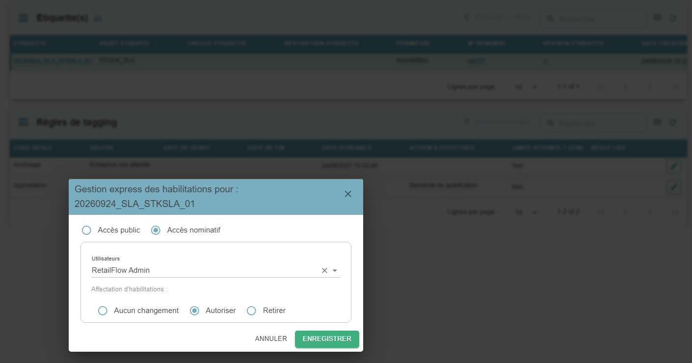 "Quick entitlement management" window for named access, with a user selected and the Authorize option