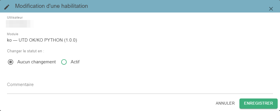 ‘Edit Permission’ pop-up with the choice of the new status