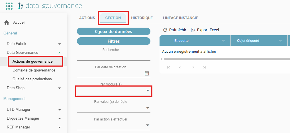 Data gouvernance (Data Governance) > Governance actions screen, Management tab, with the "Par module(s)" (By module) filter highlighted