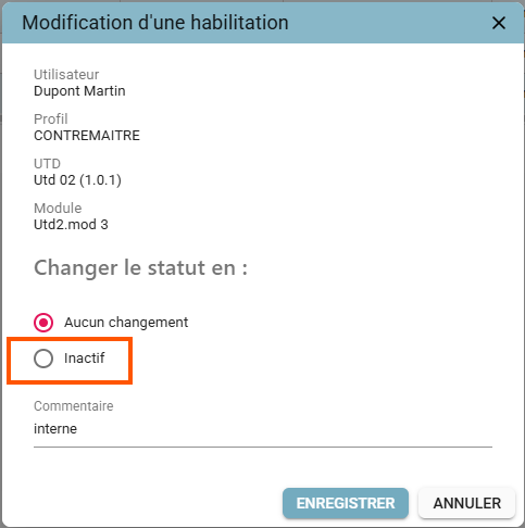 ‘Edit Permission’ pop-up with the Inactive status selected