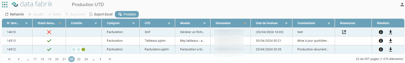 Production grid with the download icon in the Results column
