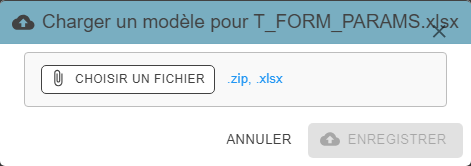 "Charger un modèle" (Upload a template) pop-up for a resource, with the Choisir un fichier (Choose a file) button (.zip, .xlsx)