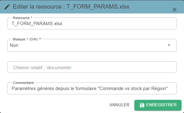 "Editer la ressource" (Edit the resource) pop-up, with pre-filled fields
