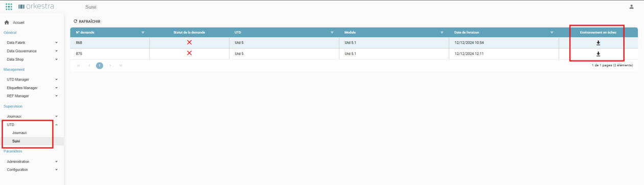 Tracking screen in the Supervision > UTD menu, listing failed requests with the failed environment download option