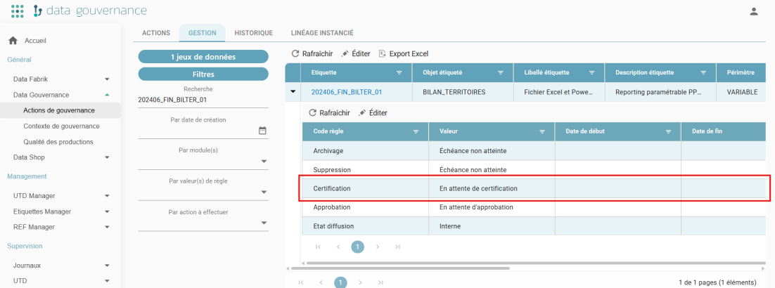 Management tab with an expanded label and the list of its rules, one rule row being highlighted