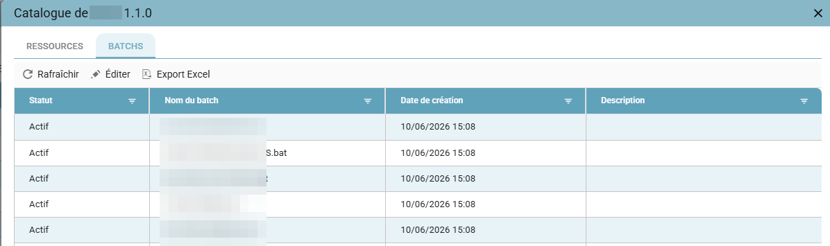 Batches tab of the Catalog pop-up, with the list of batch files and their status