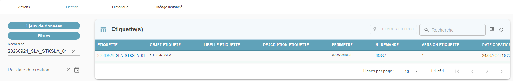Management tab, with the label and the request number shown as links