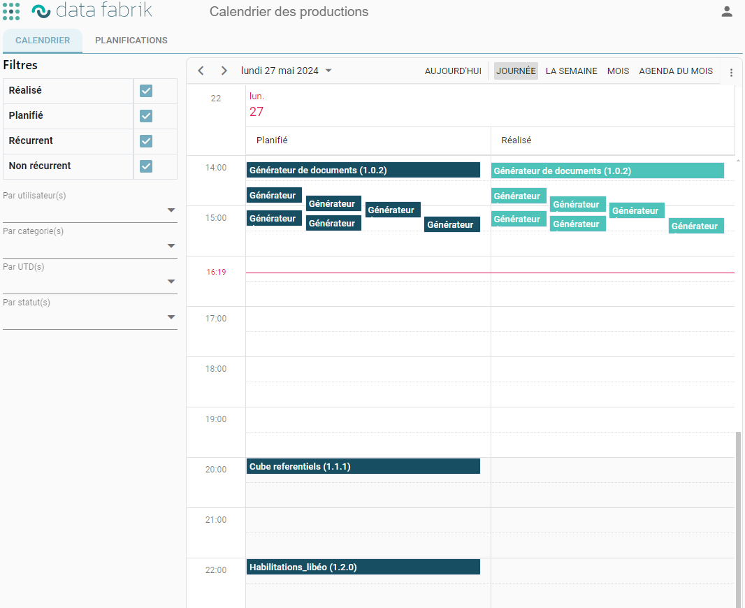 Production calendar screen with the Completed/Scheduled, Recurring/Non-recurring filters and the day view