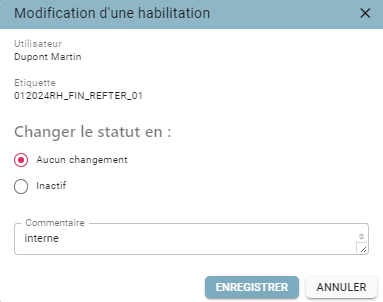 ‘Edit DTS Permission’ pop-up with the choice between No change and Inactive status