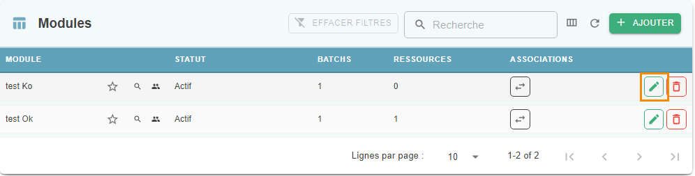 Edit (pencil) icon highlighted on a row of the modules table