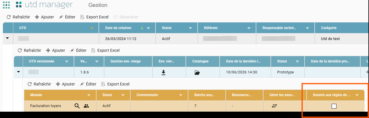 Table of a version's modules, with the "Soumis aux règles de gouvernance" (Subject to governance rules) column highlighted
