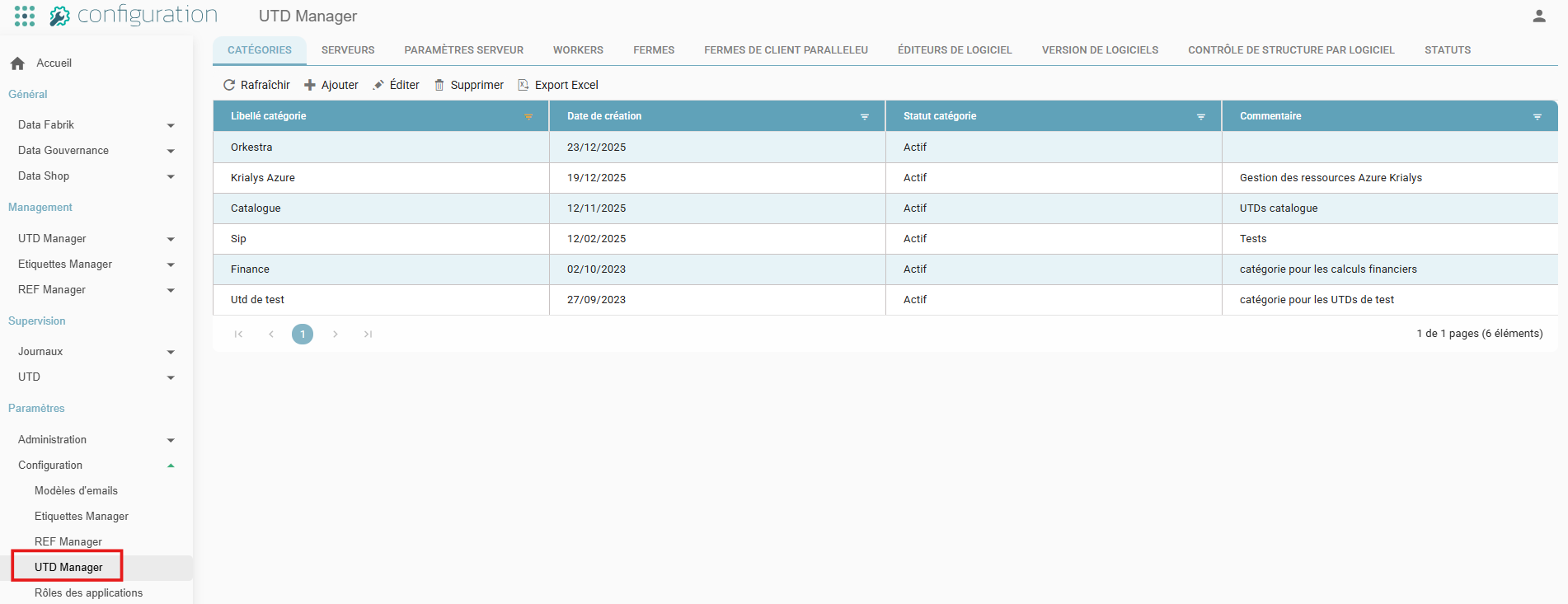 Configuration > UTD Manager screen, Categories tab, with the UTD Manager menu highlighted in the navigation