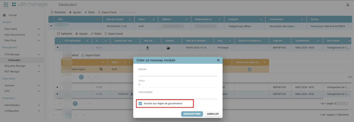 "Créer un nouveau module" (Create a new module) pop-up, with the "Soumis aux règles de gouvernance" (Subject to governance rules) checkbox checked and highlighted