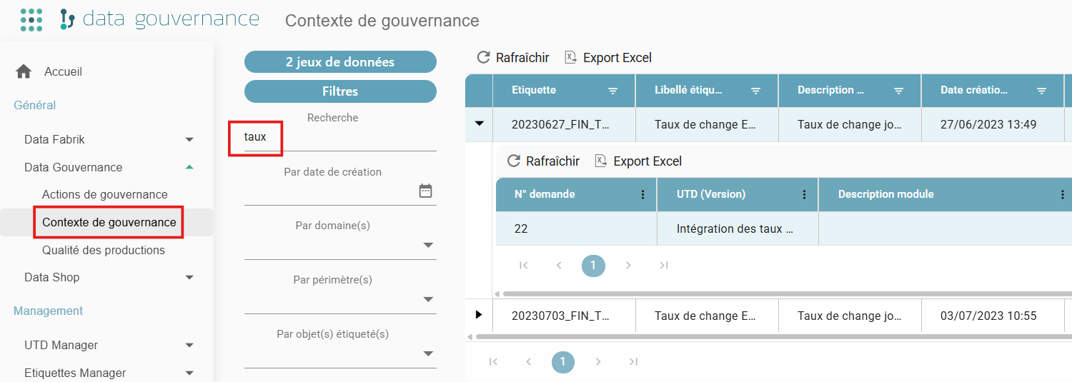 Governance Context screen, with a search filtered by keyword