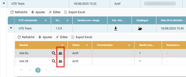 Table of modules, with the users icon highlighted