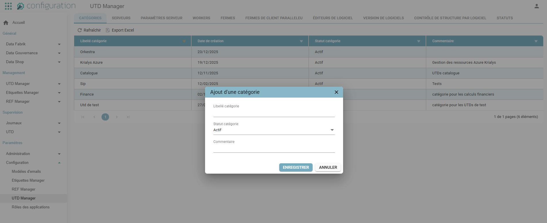 Categories tab of the UTD Manager Configuration, with the "Ajout d'une catégorie" (Add a category) pop-up (Category label, Category status and Comment fields)