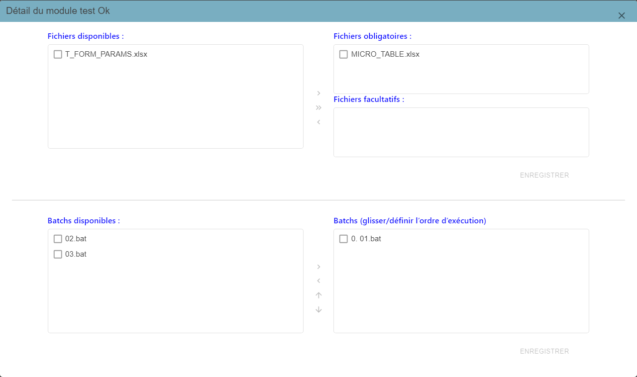 "Détail du module" (Module details) pop-up, with the Available/Required/Optional Files lists and the Available/Ordered Batches lists