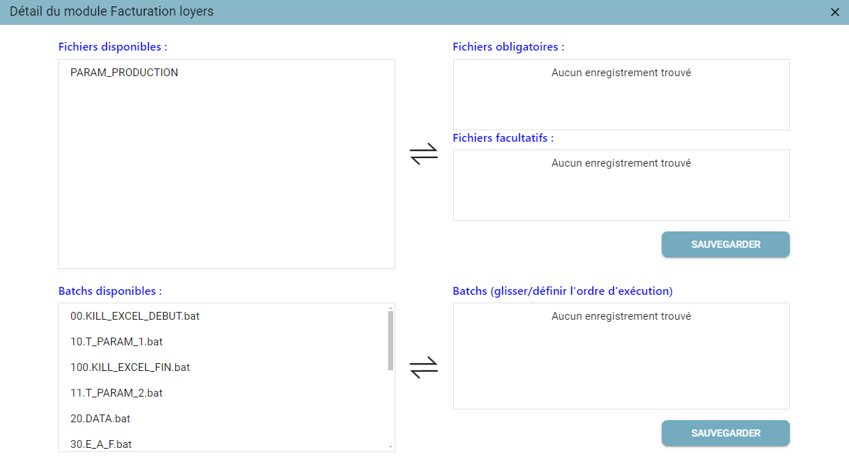 "Détail du module" (Module details) pop-up, with the Available/Required/Optional Files lists and the Available/Ordered Batches lists