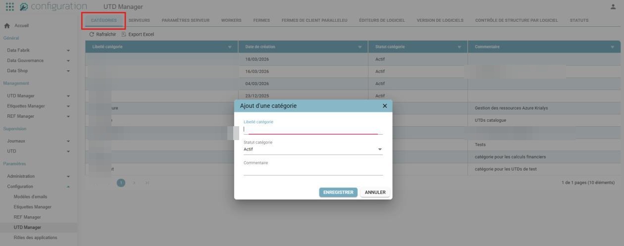 "Ajout d'une catégorie" (Add a category) pop-up, with the Category label, Category status and Comment fields