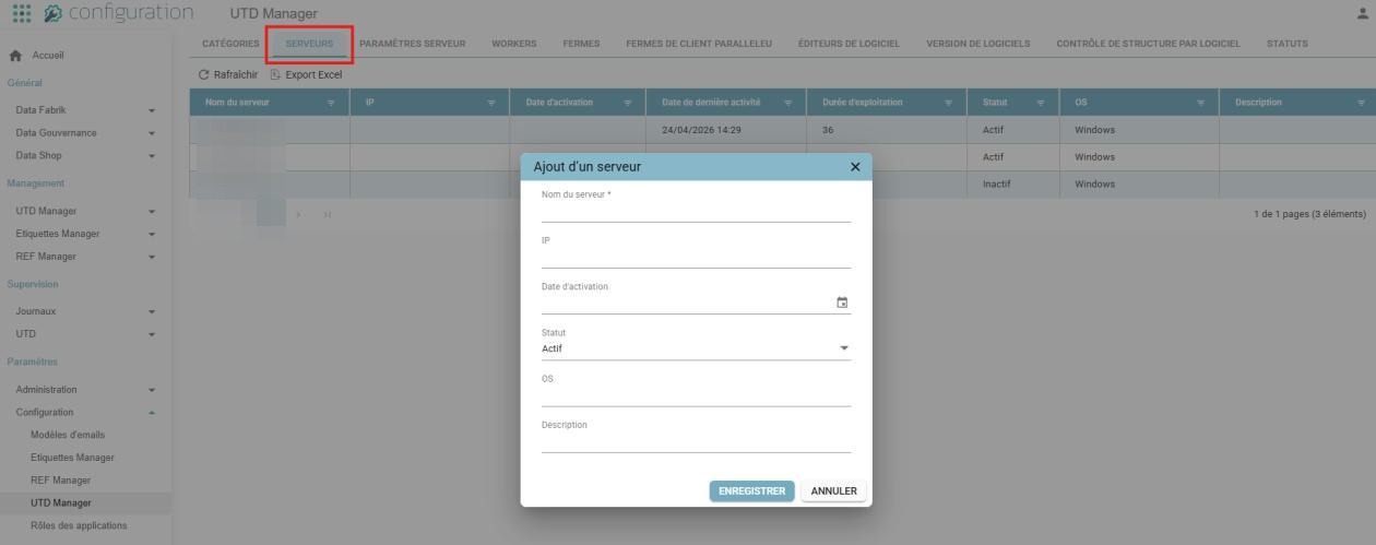 Servers tab of the UTD Manager Configuration, with the "Ajout d'un serveur" (Add server) pop-up