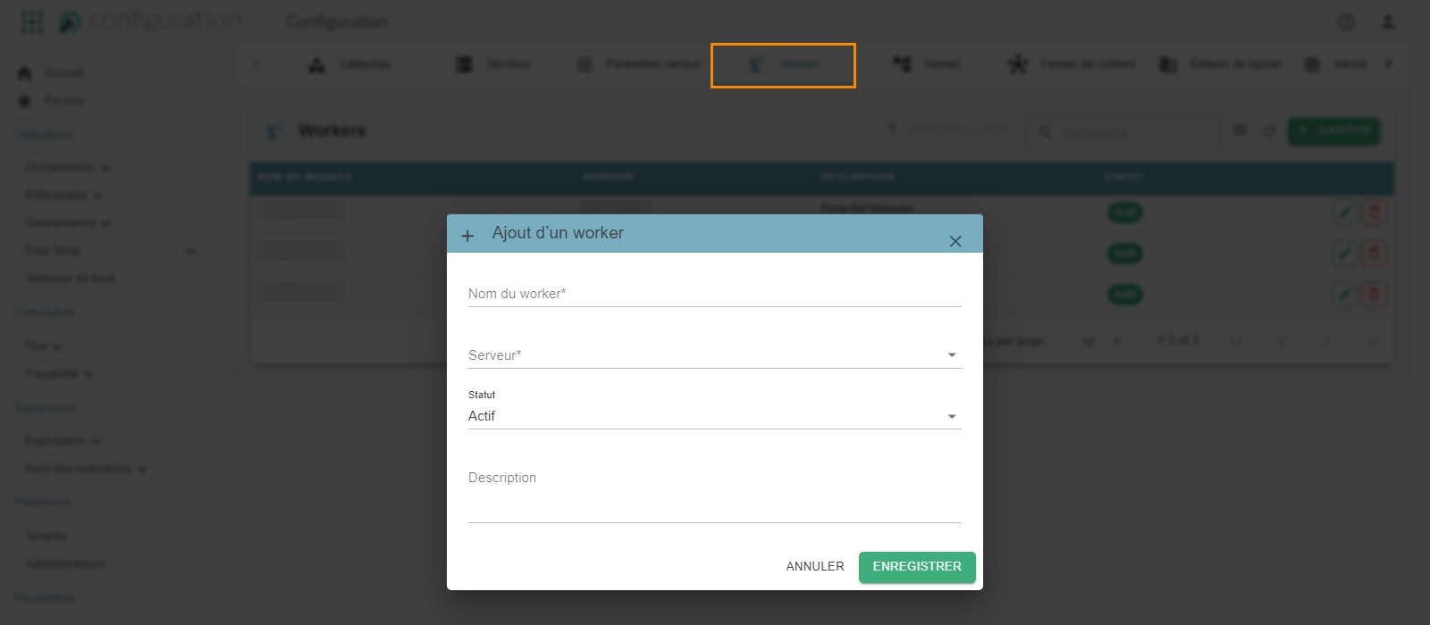 Workers tab of Flow > Configuration, with the "Ajout d'un worker" (Add worker) pop-up (worker name, server, status, description)