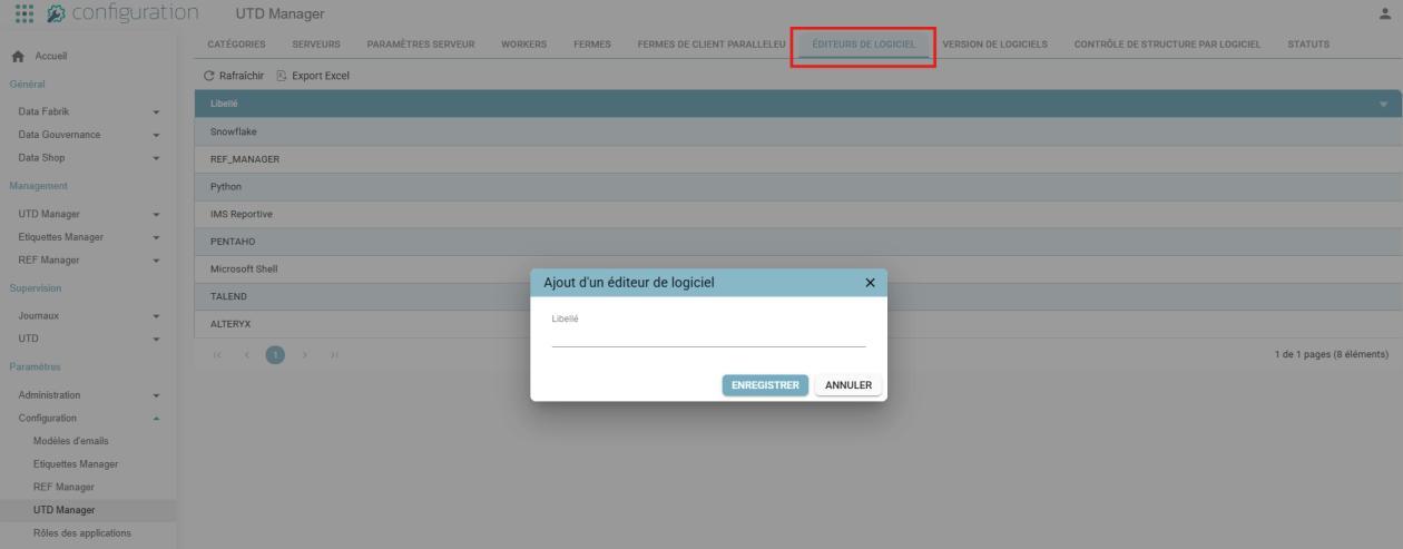 Software Publishers tab of the UTD Manager Configuration, with the "Ajout d'un éditeur de logiciel" (Add a software publisher) pop-up