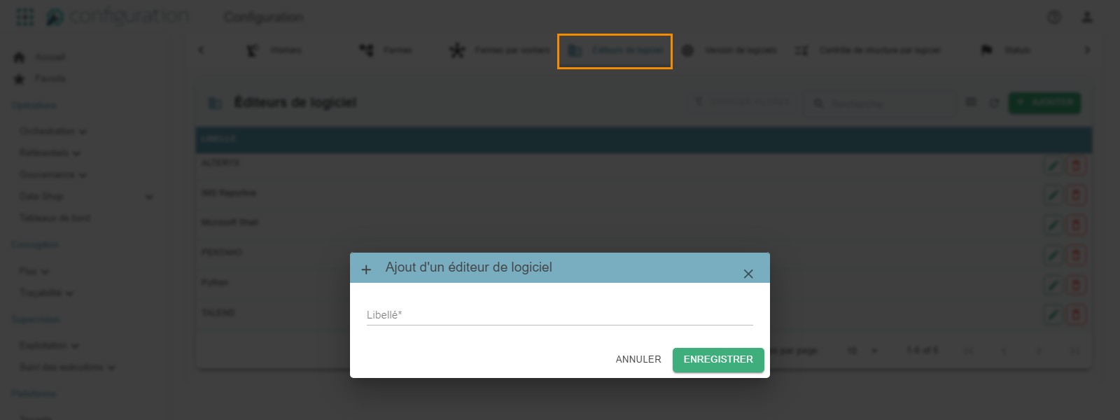 Software Publishers tab of Flow > Configuration, with the "Ajout d'un éditeur de logiciel" (Add a software publisher) pop-up