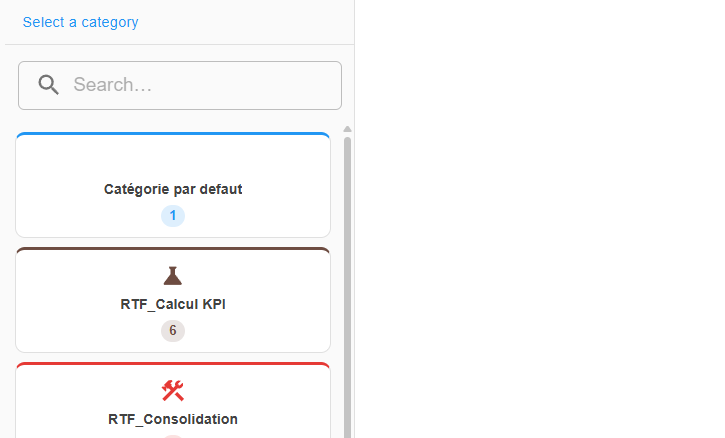 Pipelines screen: "Recherche…" (Search) box below "Sélectionnez une catégorie" (Select a category), above the category tiles