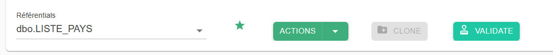 Selection area of the List: Reference tables dropdown menu, favorites star and the Actions, Clone and Validate buttons