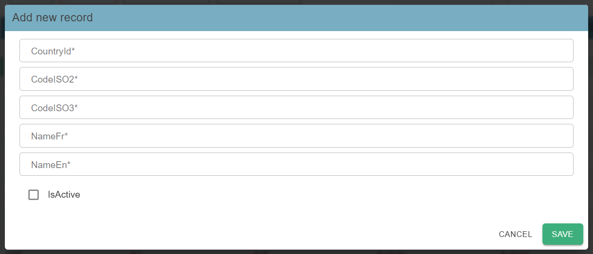 « Add new record » window with one field per column and the Cancel and Save buttons
