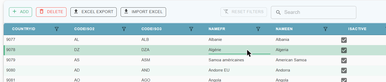 Reference table grid row with a cell being edited; the Delete button is active because the row is selected