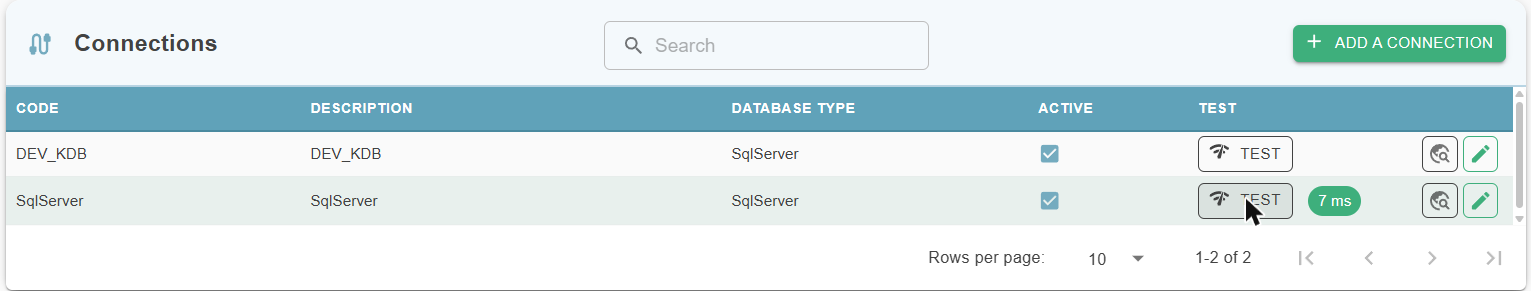 Connections tab: Test button and green badge showing the connection's response time