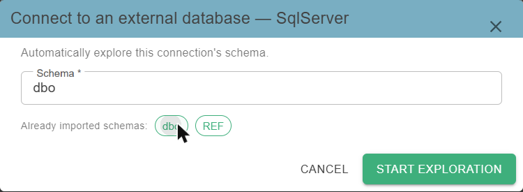 Connection exploration window: Schema field and the already imported schemas offered