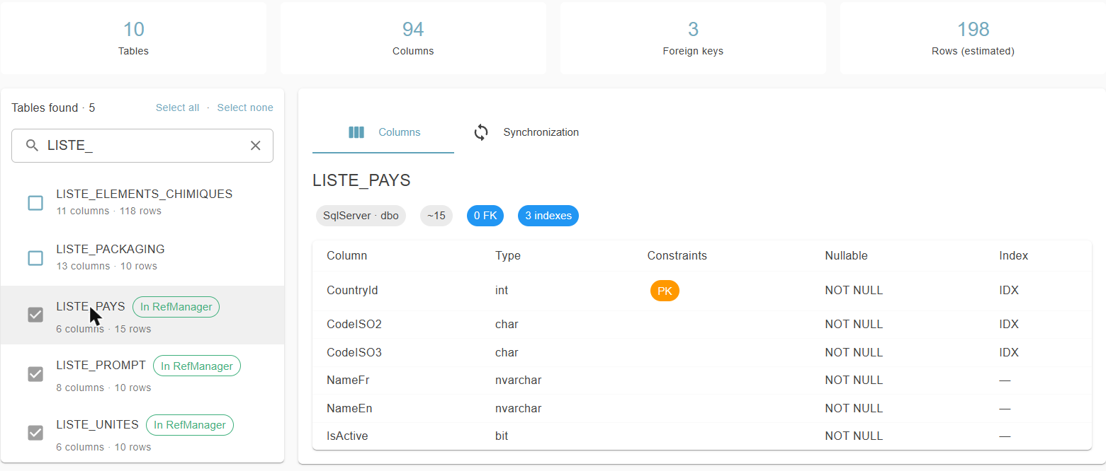Introspection page: indicators, list of the tables found and columns of the selected table