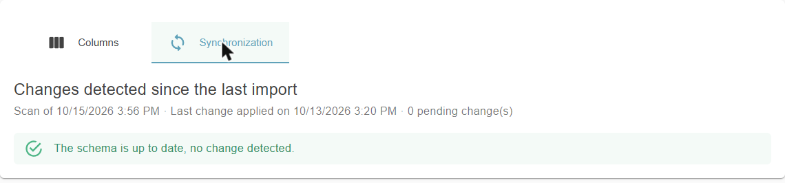 Synchronization tab when the schema is up to date: no change detected