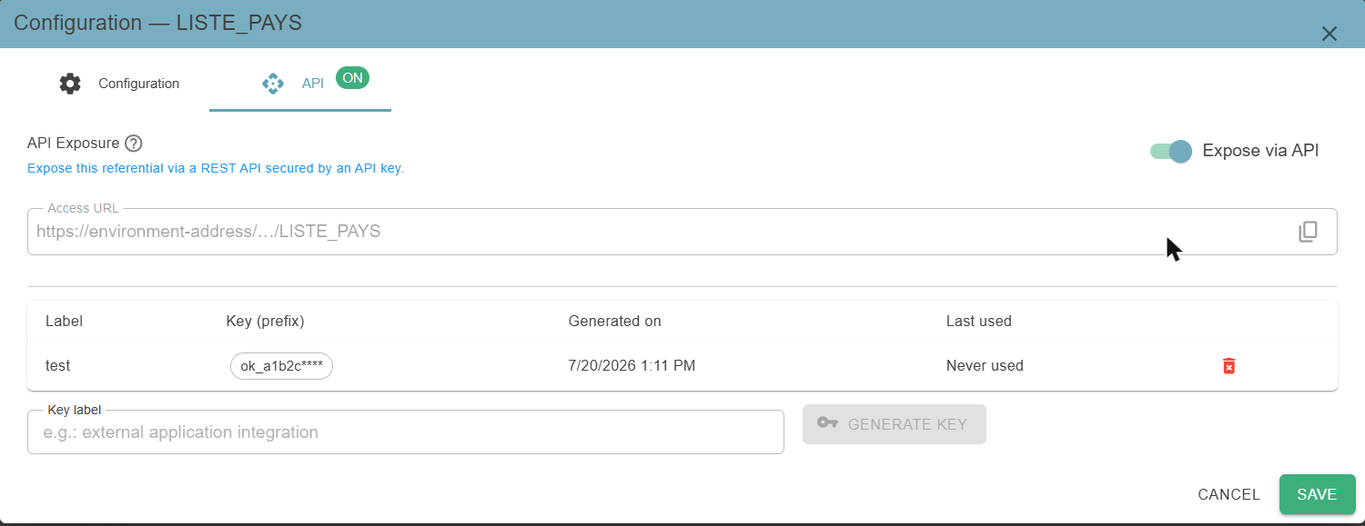 API tab of a reference table: exposure switch, access URL, access keys and generation of a new key